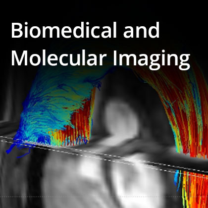 grey, blue and red cell image with text Biomedical and Molecular Imaging