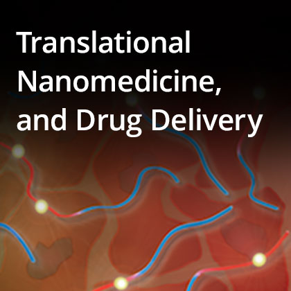 red background with light blue squiggles and white dots with text Translational Nanomedicine and Drug Delivery